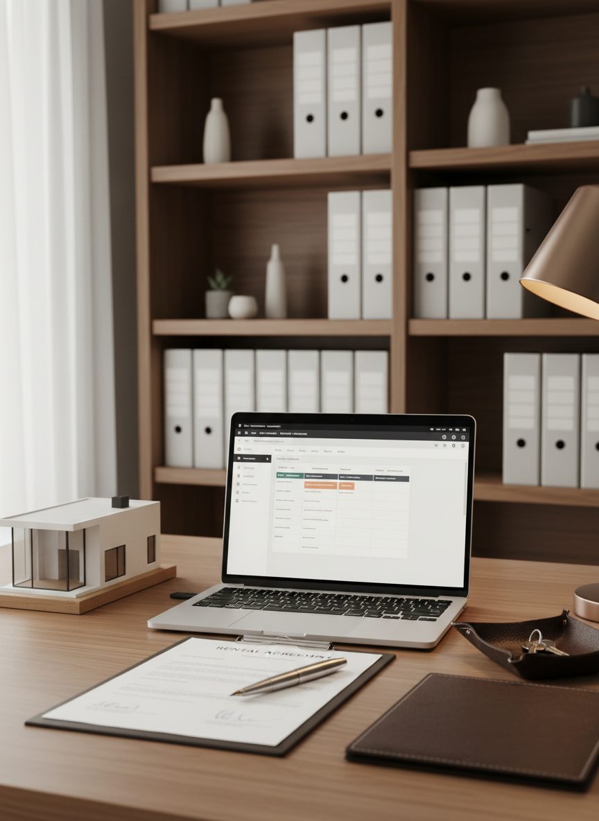 Un escritorio organizado de gestoría vacacional con un portátil abierto mostrando un panel de control de reservas, junto a un contrato de alquiler perfectamente alineado, un bolígrafo metálico de alta gama, un juego de llaves sobre una bandeja de cuero y una pequeña maqueta de una casa turística moderna. El fondo muestra una estantería con archivadores etiquetados de forma clara y decoraciones sobrias. Luz natural difusa entra desde un lateral, complementada por una lámpara de escritorio de luz cálida que crea reflejos suaves en el metal y sombras controladas. Composición fotográfica desde un ángulo ligeramente elevado, con profundidad de campo moderada, estilo realista, limpio y corporativo, transmitiendo rigor, transparencia, profesionalidad y confianza en la gestión integral del alojamiento.