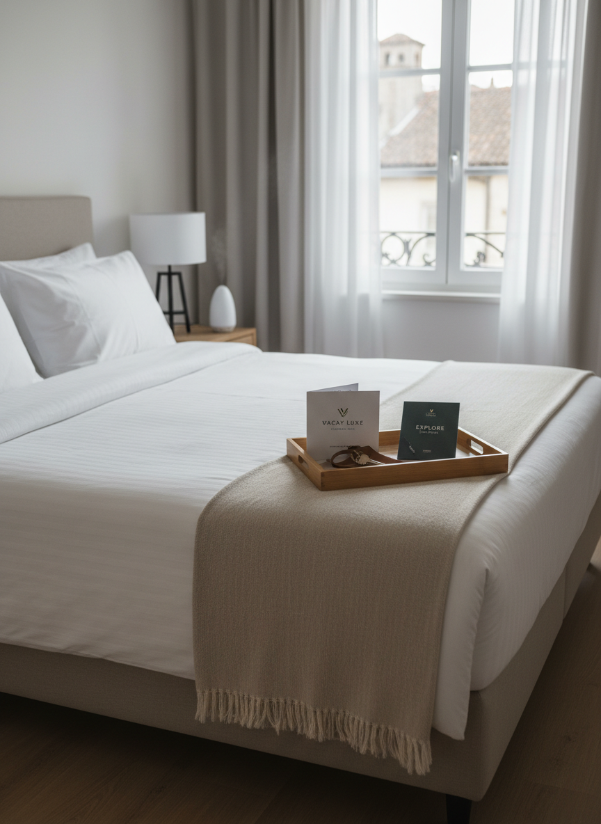El interior de un dormitorio de alojamiento turístico cuidadosamente preparado: cama doble con ropa de cama blanca impecable, mantita a los pies en tono beige y cojines perfectamente dispuestos. Sobre la cama, una bandeja con un folleto de bienvenida de una empresa de gestión vacacional, un juego de llaves y una pequeña guía de la ciudad. A un lado, una mesilla con lámpara moderna y un difusor de aromas, y al fondo una ventana con cortinas claras que dejan pasar luz de mañana suave. Fotografía realista en ángulo ligeramente lateral, con profundidad de campo reducida centrada en la cama, creando un ambiente sereno, pulcro y profesional que sugiere cuidado experto en cada detalle.