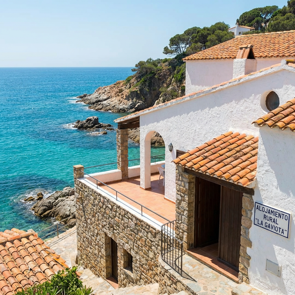 White villa with terracotta roof overlooking turquoise sea, plaque reads ALOJAMIENTO RURAL 'LA GAVIOTA'.
